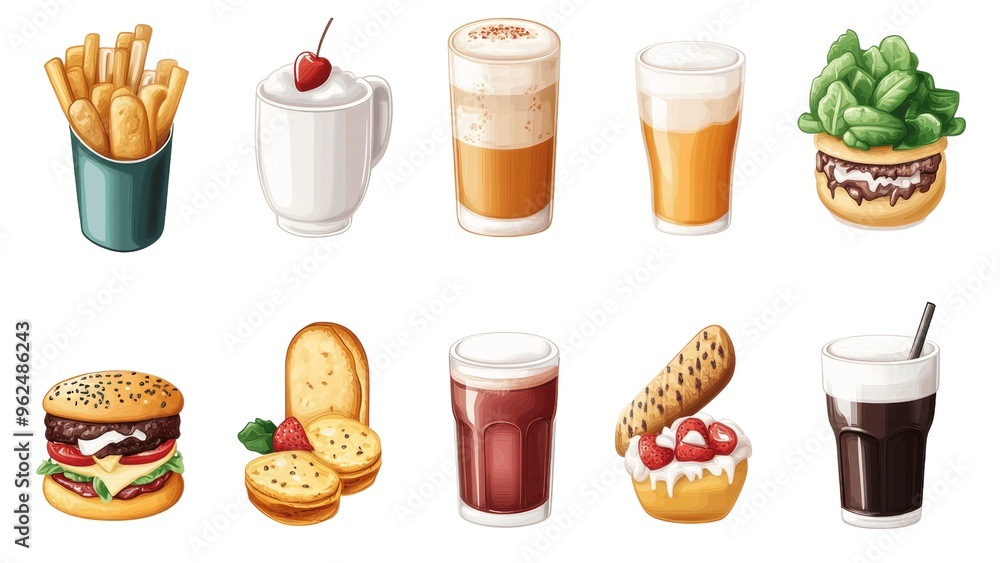 A collection of food and drink icons, including a hamburger, a cup of coffee A collection of food and drink icons, including a hamburger, a cup of coffee