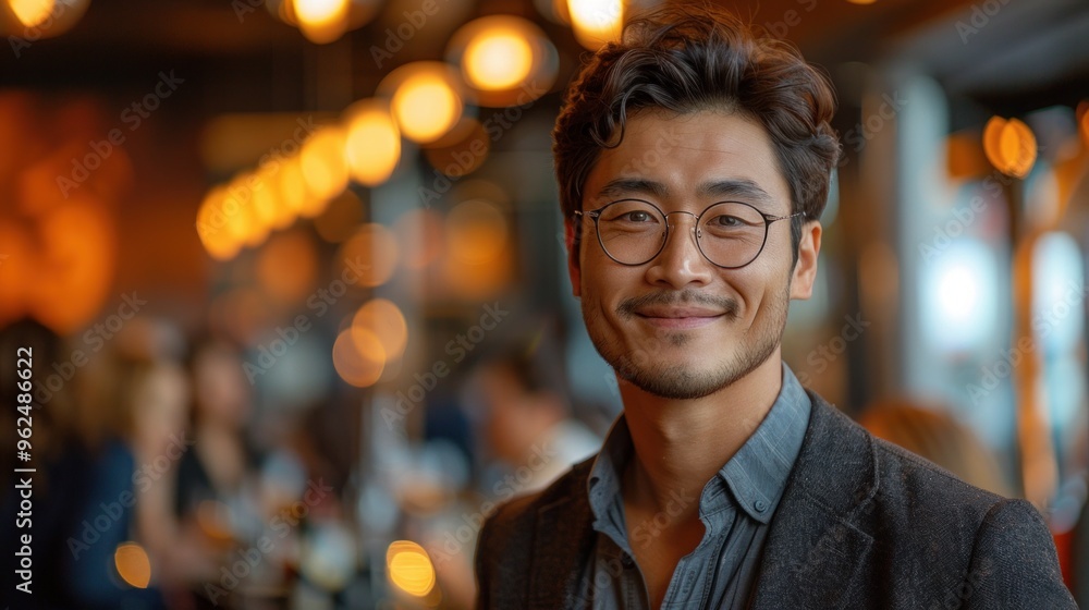 Obraz premium A man with glasses is smiling at the camera in a restaurant