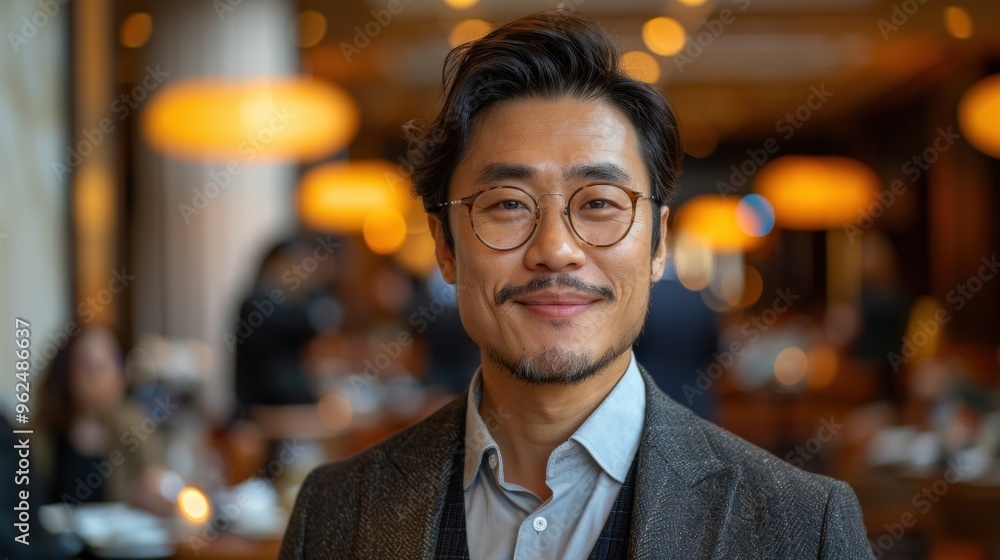 A man wearing glasses and a suit is smiling in front of a restaurant A man wearing glasses and a suit is smiling in front of a restaurant