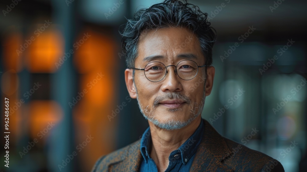Fototapeta premium A man with glasses and a beard is smiling at the camera