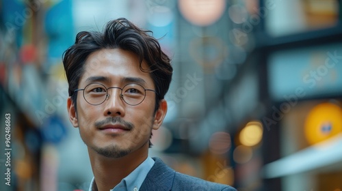 A man with glasses is standing in front of a building