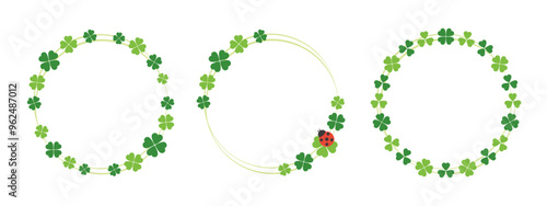 緑色の四つ葉のクローバーの円フレーム、丸い枠飾り、タイトル文字デザイン素材、テキスト背景。幸運のシンボル、パトリックの日。ベクターイラストセット。