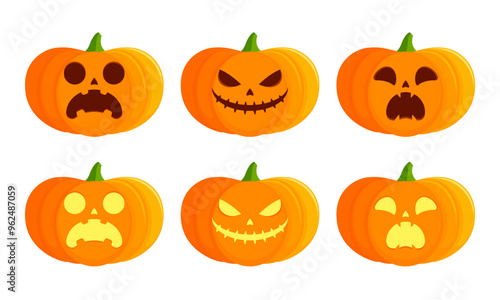 Set of lit and unlit jack-o'-lantern pumpkins with shocked, sinister, and scared faces. Flat vector illustration isolated on white background. Halloween decoration concept