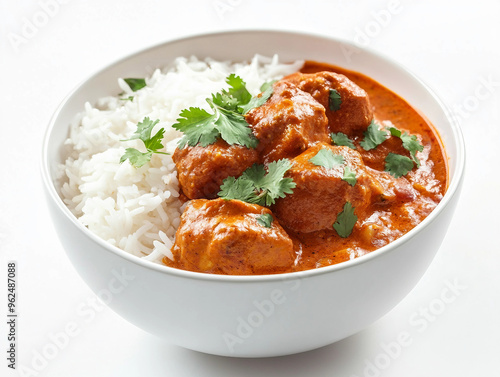 A bowl of red curry with rice. The curry is garnished with cilantro