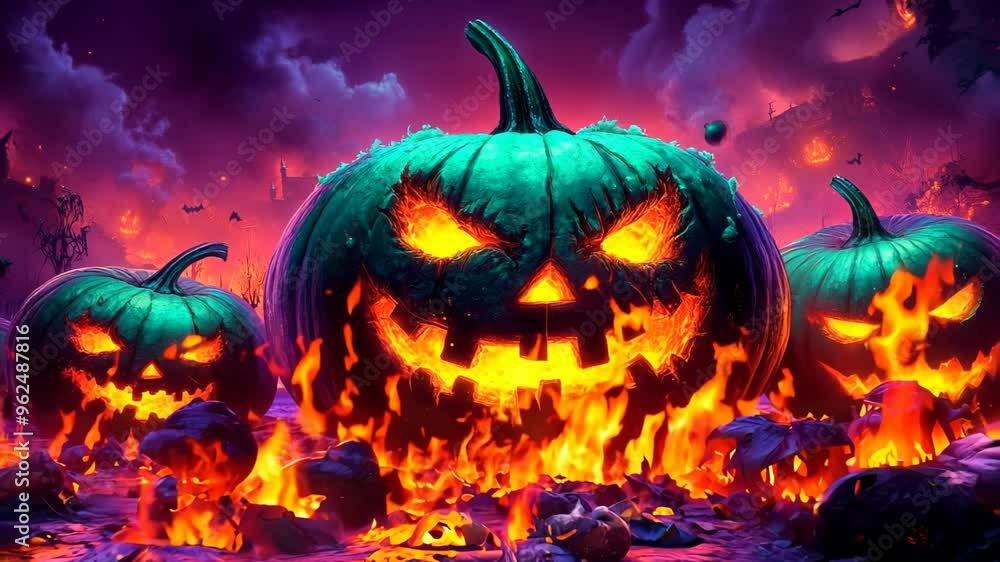 Eerie Glowing Jack-o'-Lanterns in Fiery Nighttime Halloween Scene Eerie Glowing Jack-o'-Lanterns in Fiery Nighttime Halloween Scene