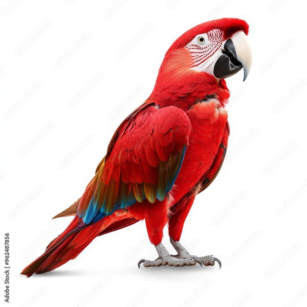 Obraz premium A red and blue parrot stands on a white background