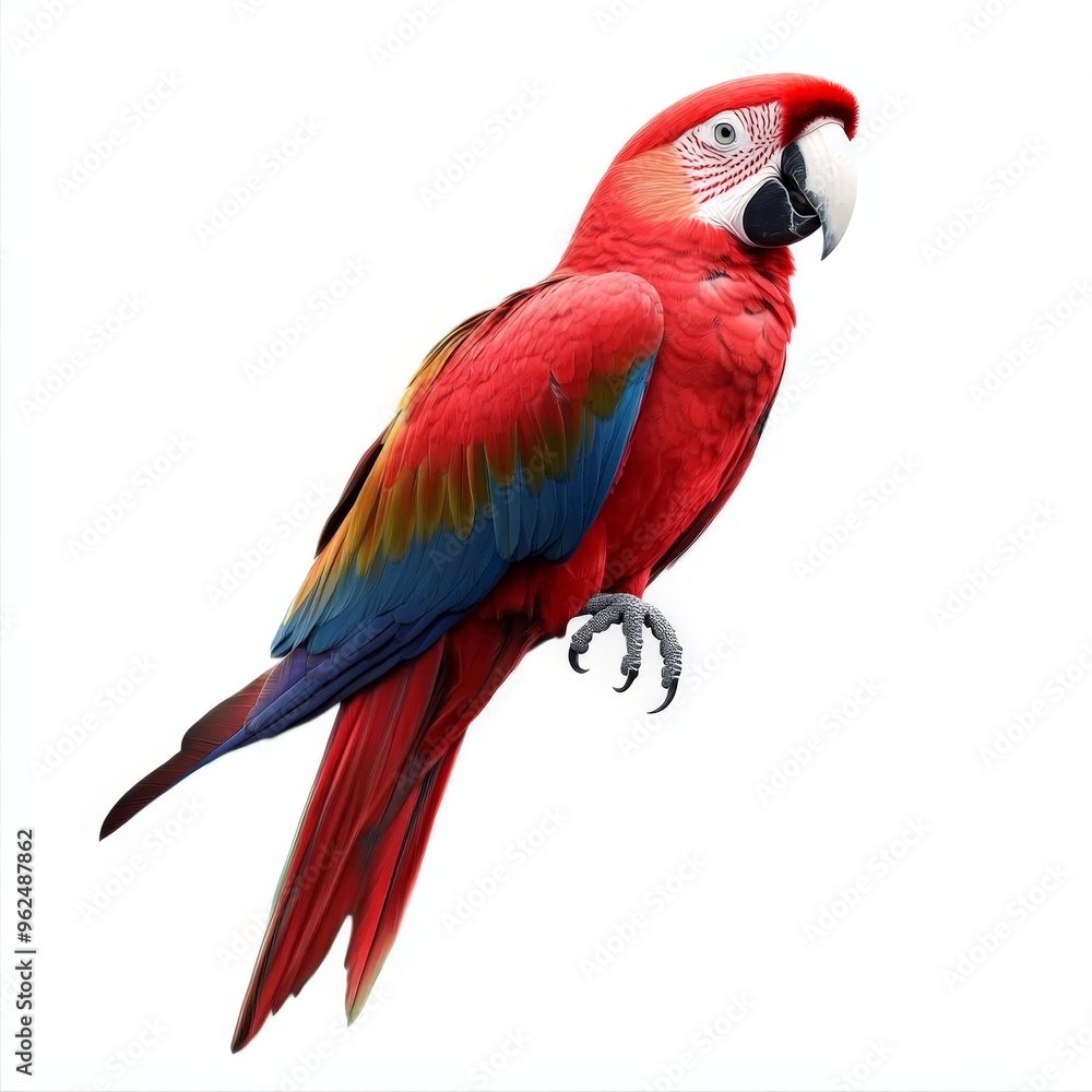 Obraz premium A red and blue parrot is perched on a white background