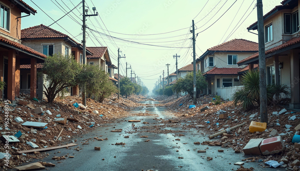 A devastated neighborhood with damaged homes and debris, highlighting the impact of a natural disaster.
A devastated neighborhood with damaged homes and debris, highlighting the impact of a natural disaster.