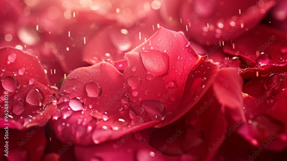 A detailed close-up of red flower petals covered in raindrops, highlighting the natural beauty and texture. The blurred background creates a serene and tranquil atmosphere, perfect for nature and A detailed close-up of red flower petals covered in raindrops, highlighting the natural beauty and texture. The blurred background creates a serene and tranquil atmosphere, perfect for nature and