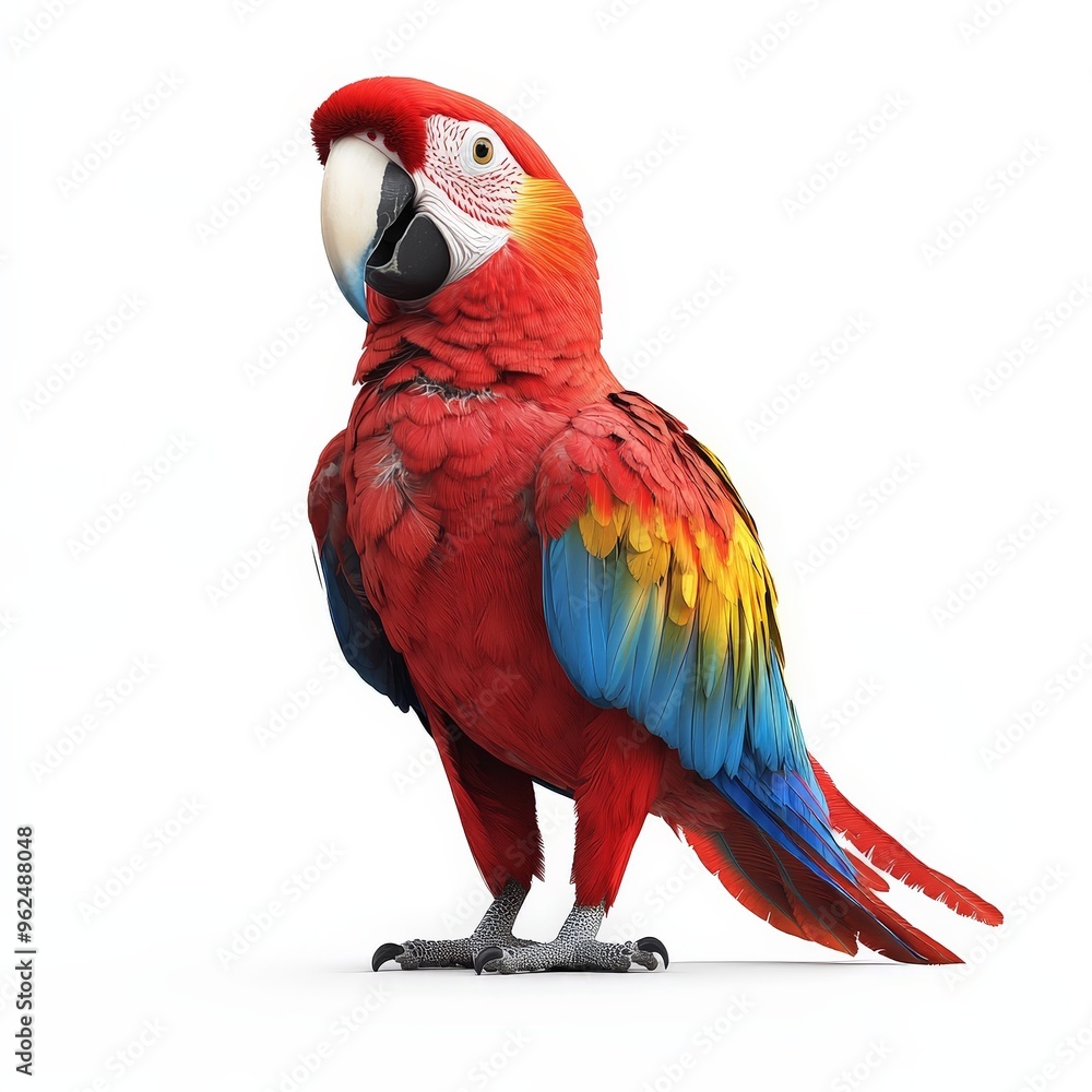 Fototapeta premium A colorful parrot stands on a white background