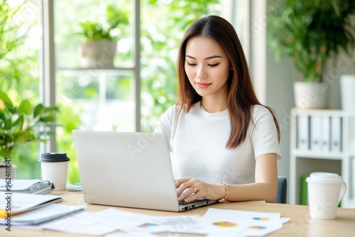 Woman focused on working on her laptop in bright, green-filled office space. Productivity and remote work concept