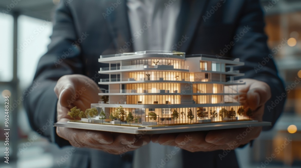 Close-up photo of a businessman holding a modern office model in his hands. Close-up photo of a businessman holding a modern office model in his hands.