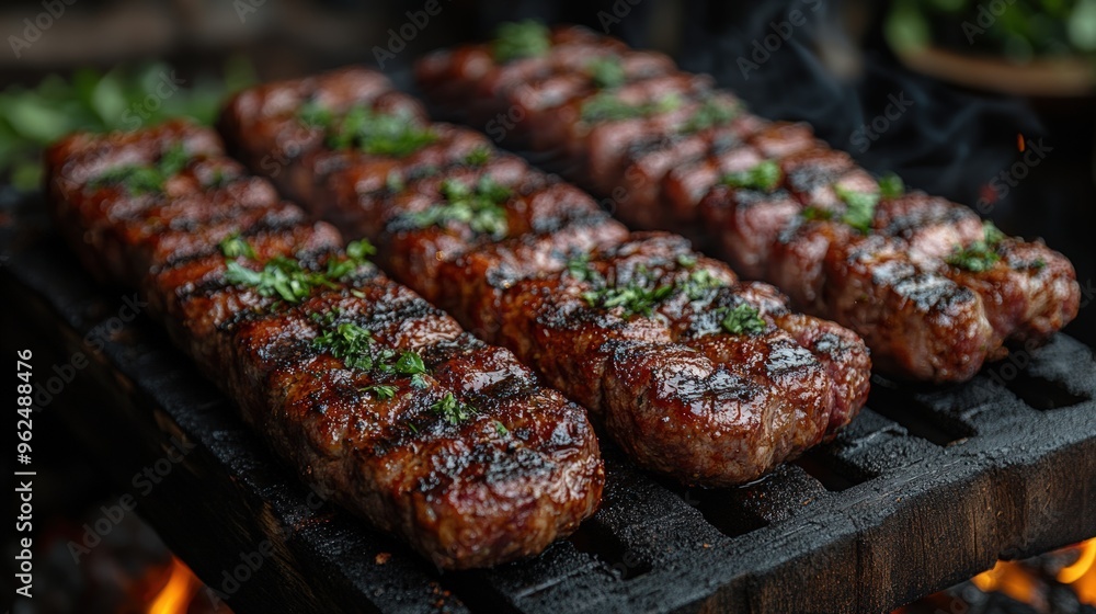 Close-up of four rows of grilled, juicy beef skewers with smoke and flames in the background. Close-up of four rows of grilled, juicy beef skewers with smoke and flames in the background.