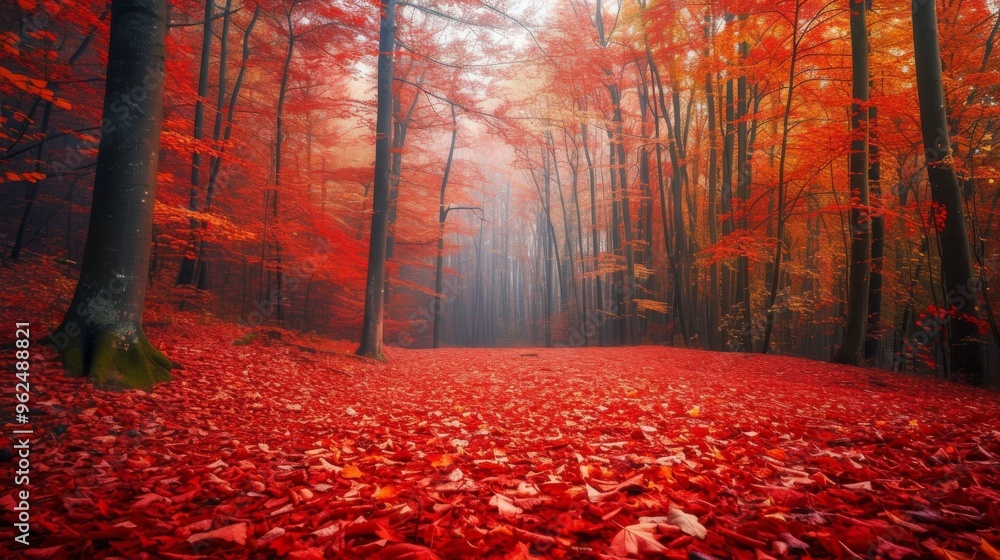Fototapeta premium An intense red autumn forest with a carpet of fallen leaves. The trees stand tall in the mist, creating a dramatic and atmospheric scene. Perfect for capturing the essence of the fall season.