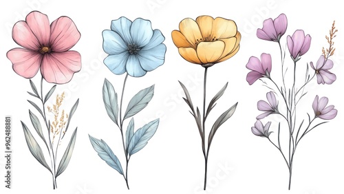 Wallpaper Mural Four different colored flowers are shown in a row Torontodigital.ca