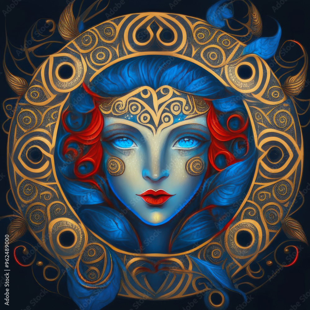Portrait of a forest fairy in Art Nouveau style, with a golden Arabesque pattern on the skin. Decorative rosette with elements of flora in a fantastic image with a blue face and red hair. Portrait of a forest fairy in Art Nouveau style, with a golden Arabesque pattern on the skin. Decorative rosette with elements of flora in a fantastic image with a blue face and red hair.