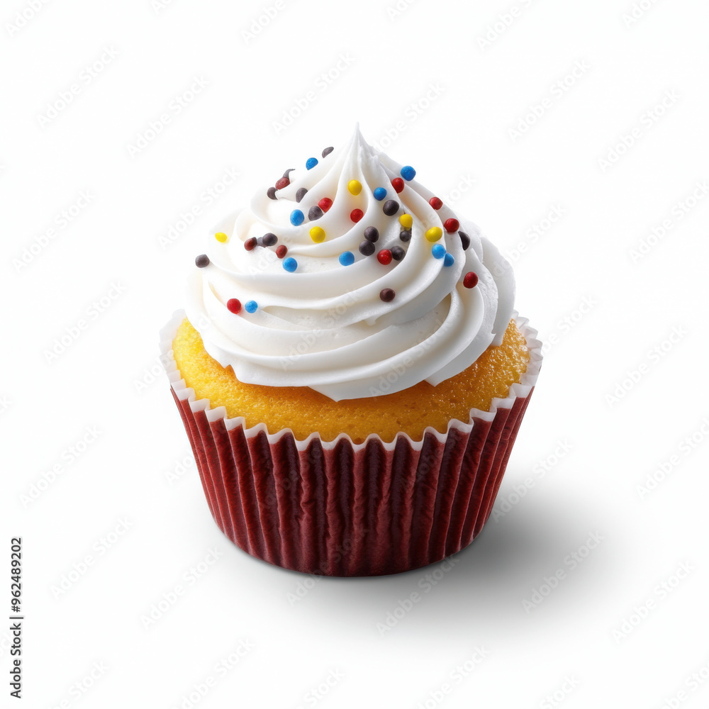Close-up of a single vanilla cupcake with white frosting, topped with colorful sprinkles, isolated on a white background. Close-up of a single vanilla cupcake with white frosting, topped with colorful sprinkles, isolated on a white background.