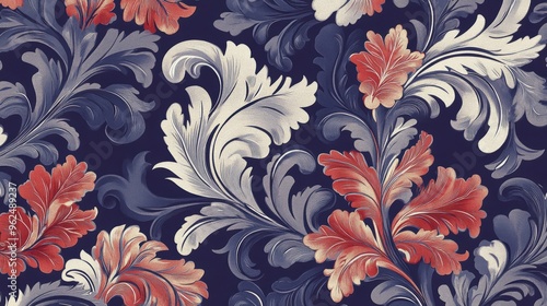 Ornate damask wallpaper design featuring regal scrolls and leaves in deep bold colors