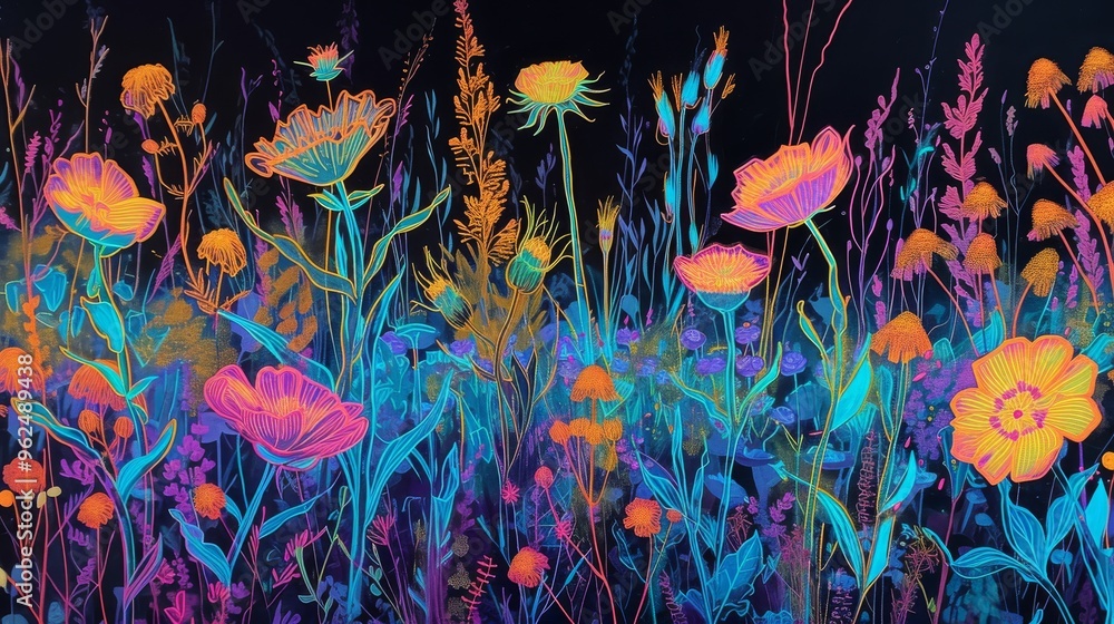 A stunning display of vibrant neon flowers set against a black background, creating a striking contrast. The glowing petals and detailed stems bring a dynamic and modern touch, perfect for bold and A stunning display of vibrant neon flowers set against a black background, creating a striking contrast. The glowing petals and detailed stems bring a dynamic and modern touch, perfect for bold and