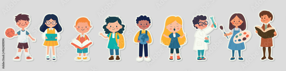 Flat Cartoon School Kids Subject Stickers - Science, Literature, Geography. Vector Illustration for Education and Learning. Colorful Minimalist School Sticker Design Template Flat Cartoon School Kids Subject Stickers - Science, Literature, Geography. Vector Illustration for Education and Learning. Colorful Minimalist School Sticker Design Template