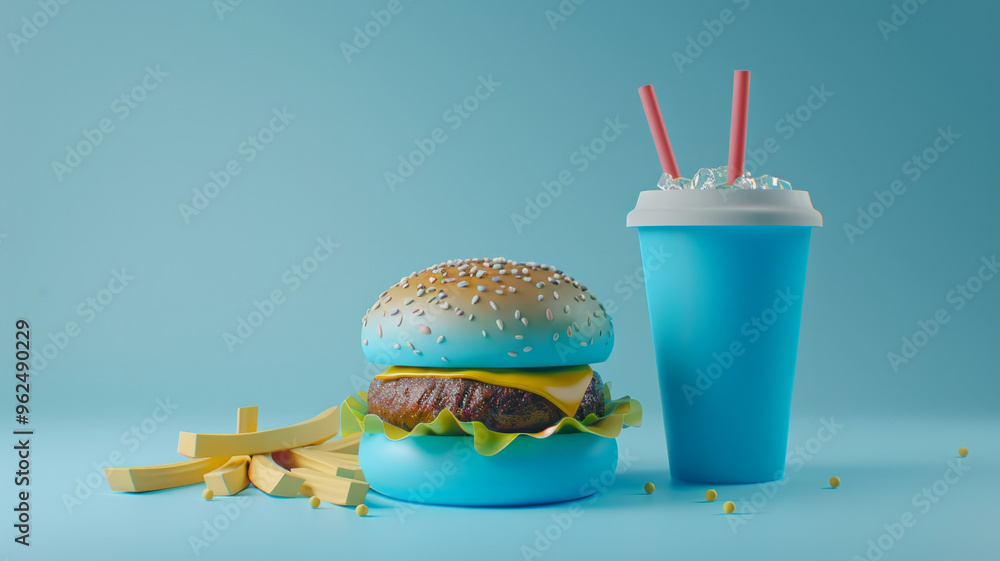 Creative 3D depiction of a blue hamburger menu with fries and mustard, in an oversized style. AI generative. Creative 3D depiction of a blue hamburger menu with fries and mustard, in an oversized style. AI generative.
