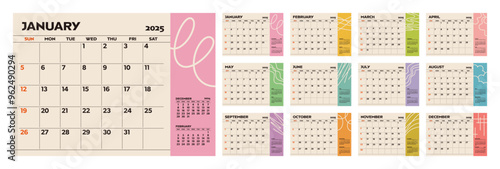 Set of 12 months of monthly calendars for 2025. Desktop calendar with simple design. Week starts on Sunday.