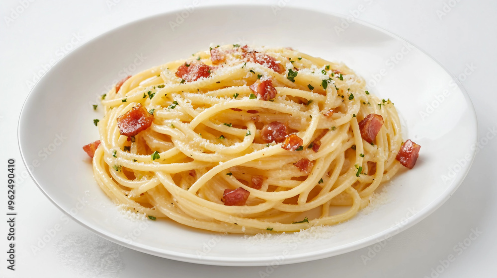 A plate of spaghetti with bacon and cheese on top. The dish is served on a white plate A plate of spaghetti with bacon and cheese on top. The dish is served on a white plate
