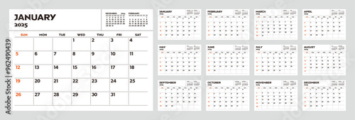 Set of 12 months of monthly calendars for 2025. Desktop calendar with simple design. Week starts on Sunday.