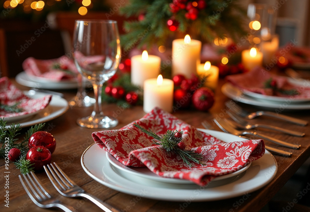 A festive holiday table with elegant decorations, glowing candles, and polished silverware.







