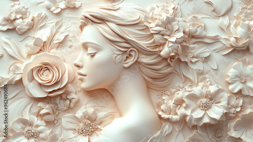 Elegant 3D relief featuring a woman and flowers, perfect for wallpaper design. AI generative.