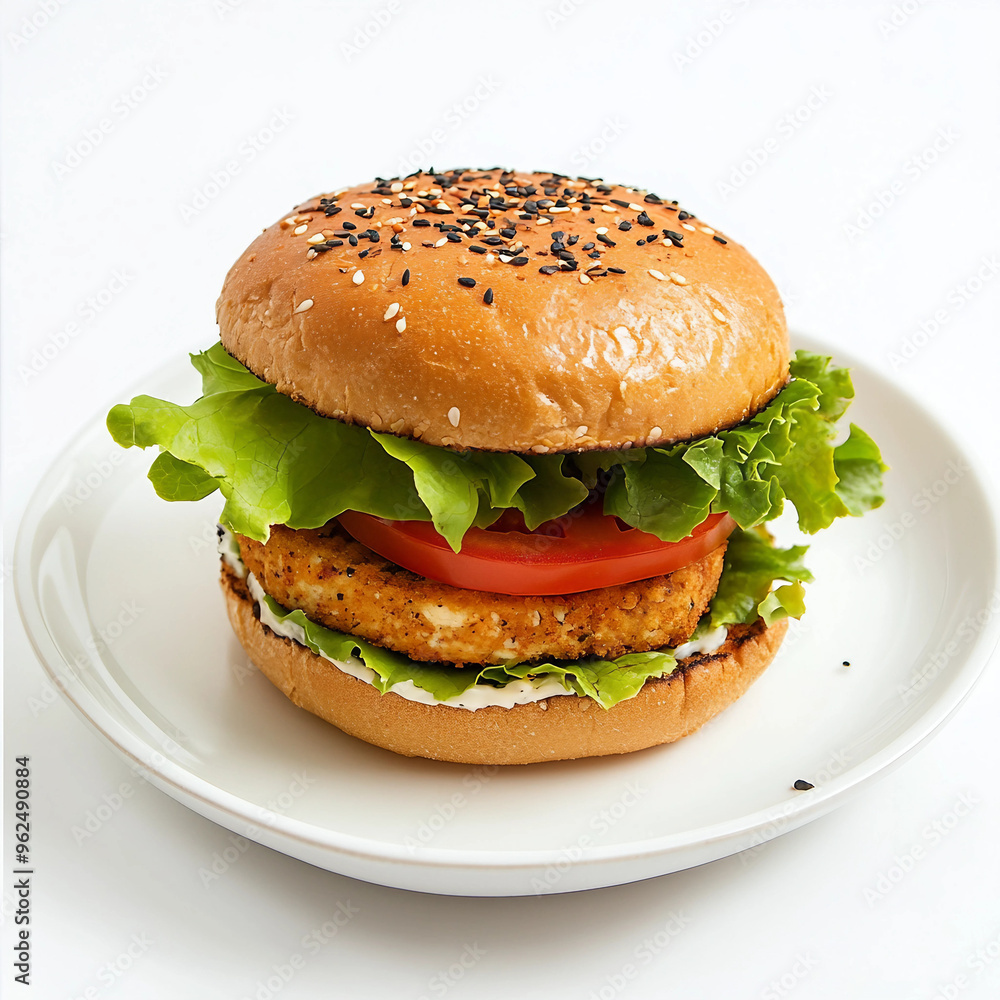A hamburger with lettuce and tomato on a white plate. The burger is topped with sesame seeds and has a grilled chicken patty A hamburger with lettuce and tomato on a white plate. The burger is topped with sesame seeds and has a grilled chicken patty