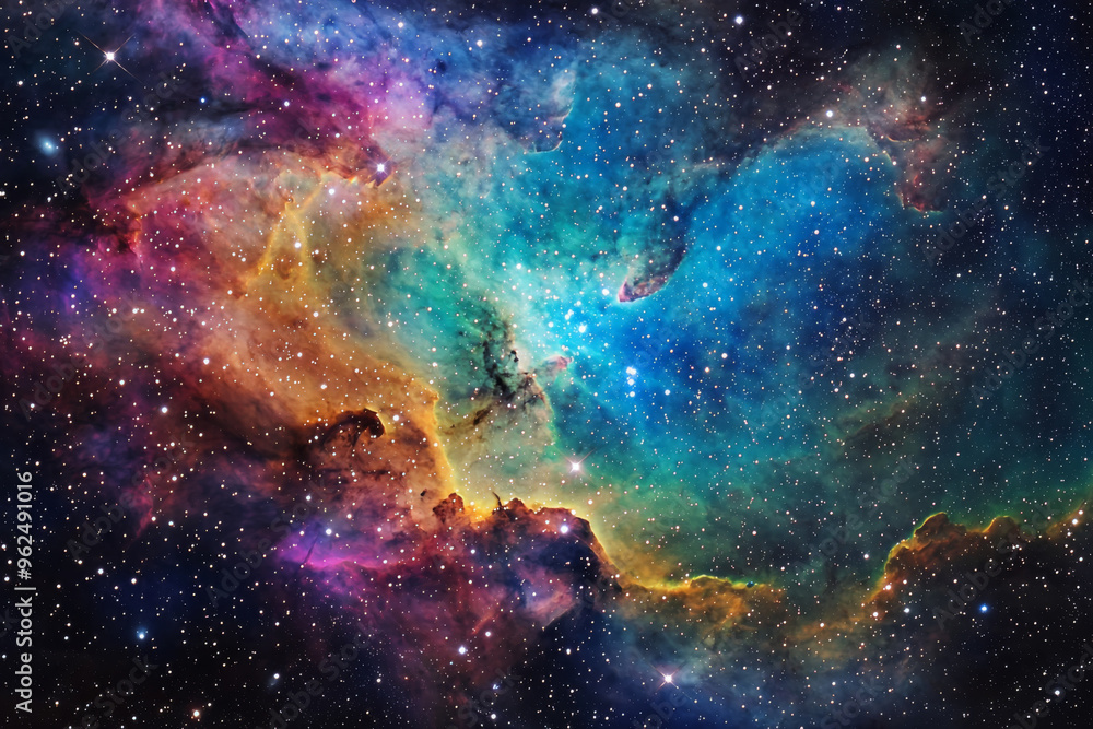 Fototapeta premium A vibrant cosmic nebula filled with colorful gases and stars, showcasing the beauty of the universe.