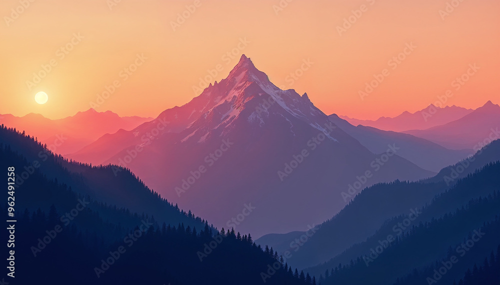A mountain range at sunset, with vibrant orange and purple hues and gentle shadows creating a tranquil, breathtaking scene.
A mountain range at sunset, with vibrant orange and purple hues and gentle shadows creating a tranquil, breathtaking scene.