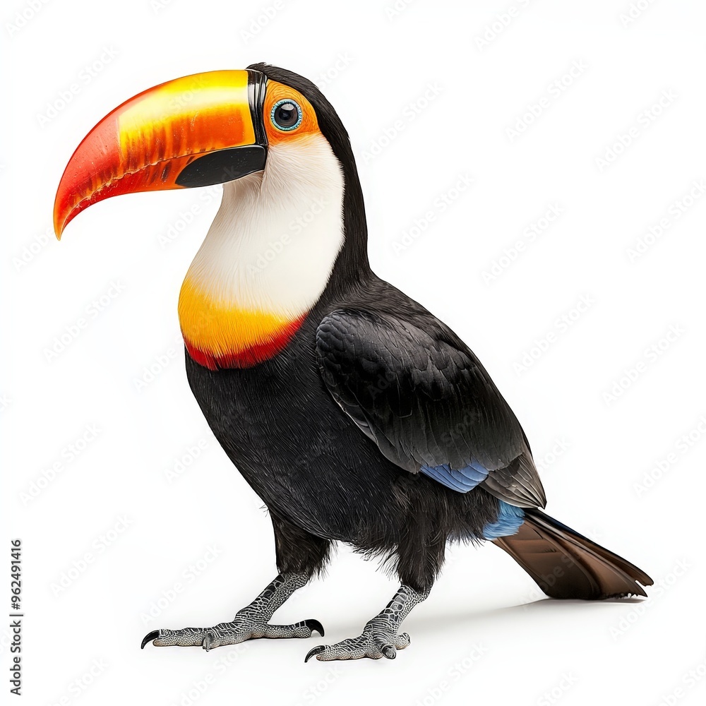 Fototapeta premium A black and yellow bird with a long beak stands on a white background