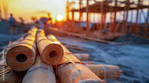 Eco-friendly construction site with bamboo materials at sunset photo