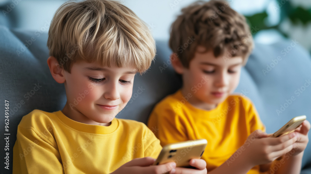 Young boys engaged with smartphones while sitting on a couch Young boys engaged with smartphones while sitting on a couch