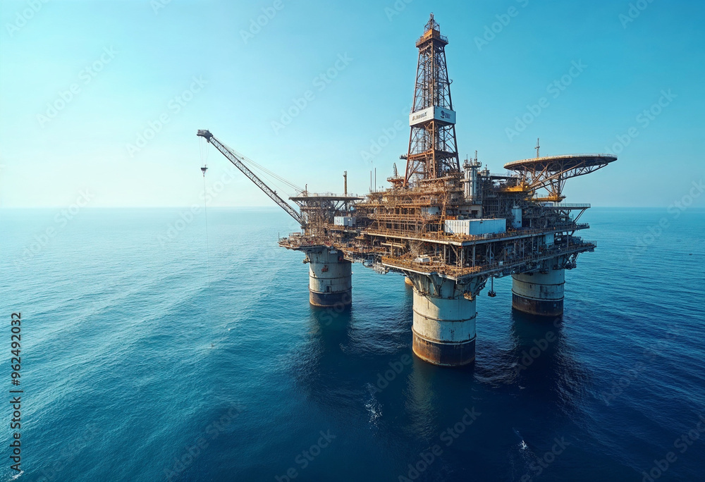 An oil rig platform stands prominently against the vast ocean, showcasing its structure and machinery with endless blue waters and sky in the background. An oil rig platform stands prominently against the vast ocean, showcasing its structure and machinery with endless blue waters and sky in the background.
