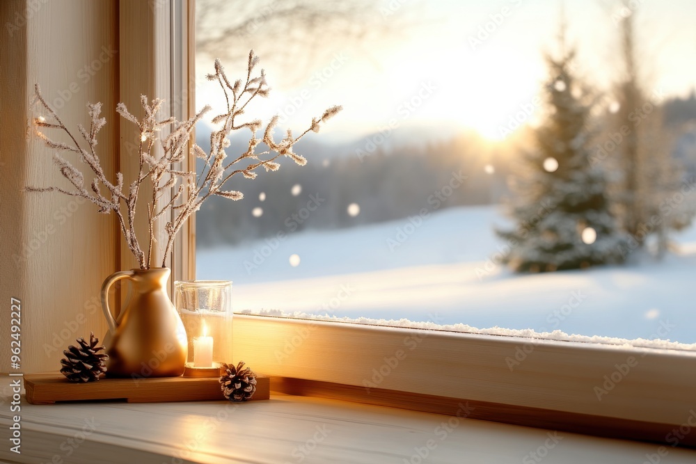 Cozy winter window with candle and frosty branches Cozy winter window with candle and frosty branches