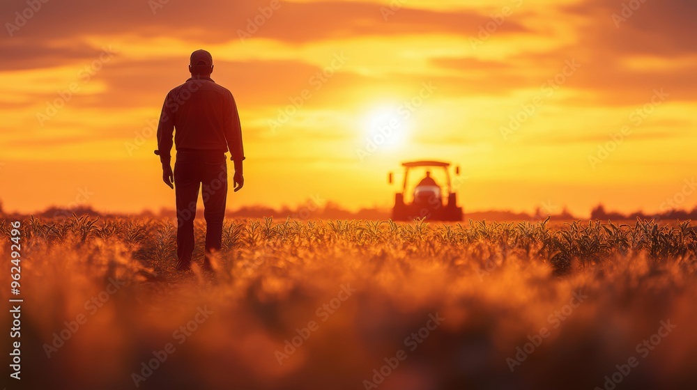 Fototapeta premium Golden Hour Harvest: Farmer Silhouette against Lush Fields with Distant Tractor Outline.