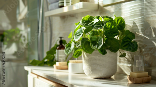 A Chinese money plant displayed on a bathroom shelf brings a serene and modern touch to your home decor. AI generative