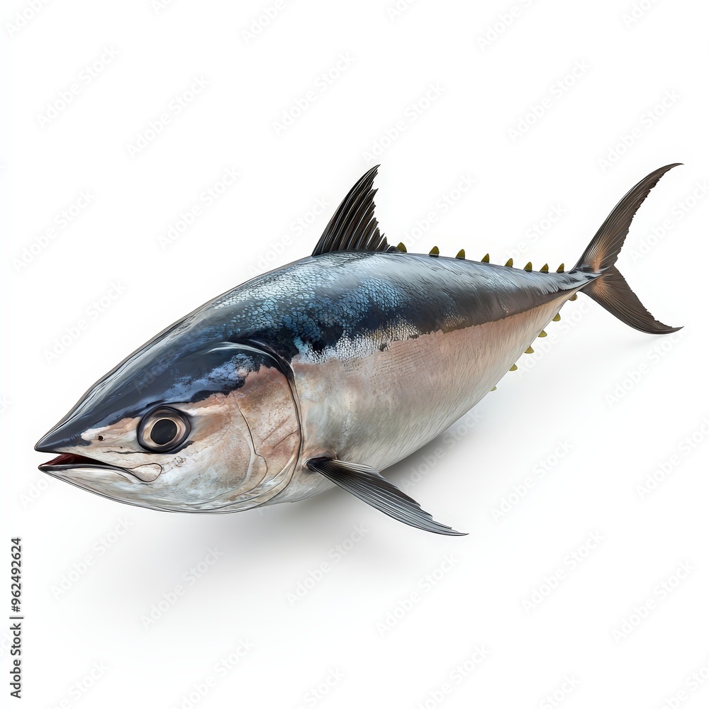 A large fish with a blue and white body and a yellow fin A large fish with a blue and white body and a yellow fin