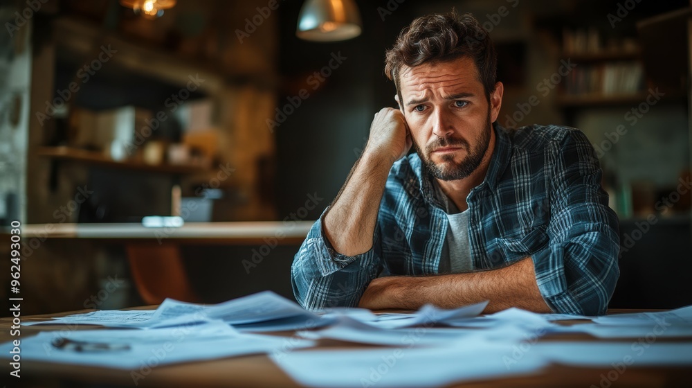 Stressed Small Business Owner Analyzing Financial Reports, Concerned about Business Continuity Stressed Small Business Owner Analyzing Financial Reports, Concerned about Business Continuity