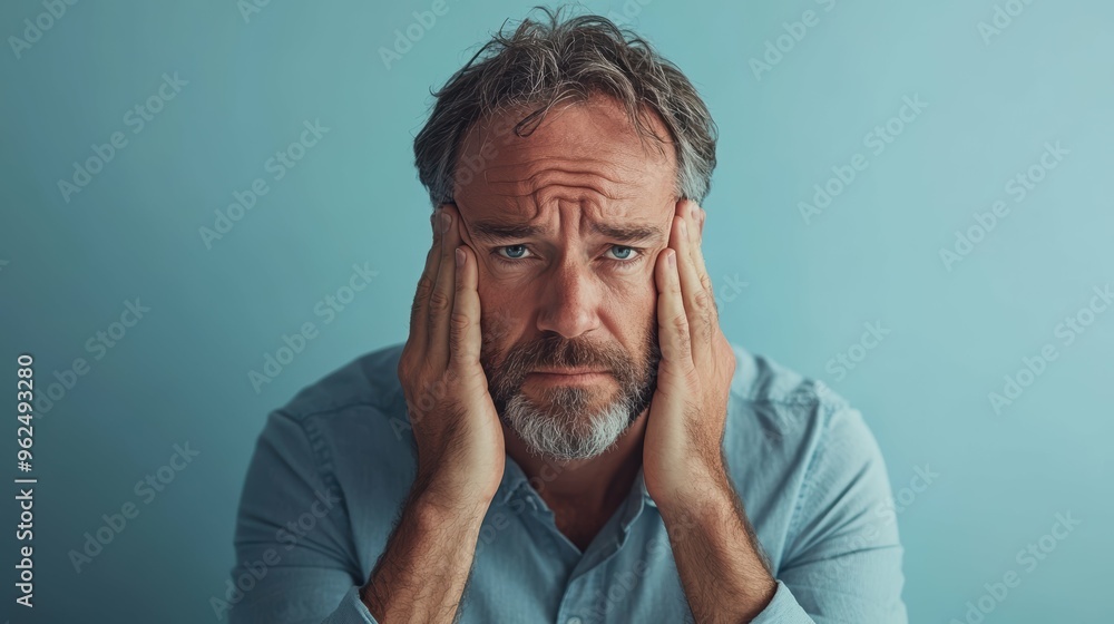 Overwhelmed Middle-Aged Professional Struggling with Workplace Stress and Work-Life Balance on Blue Background
