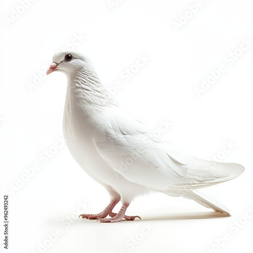 A white pigeon stands on a white background