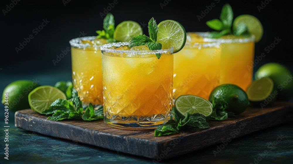 Fototapeta premium Three glasses of orange juice with lime and mint on wooden board.