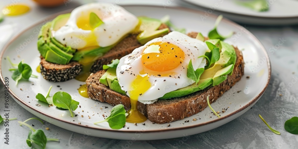 Rye toast topped with avocado and a poached egg on a plate, a wholesome option for breakfast, brunch, or a light meal, featuring a rich egg yolk drizzle. Rye toast topped with avocado and a poached egg on a plate, a wholesome option for breakfast, brunch, or a light meal, featuring a rich egg yolk drizzle.
