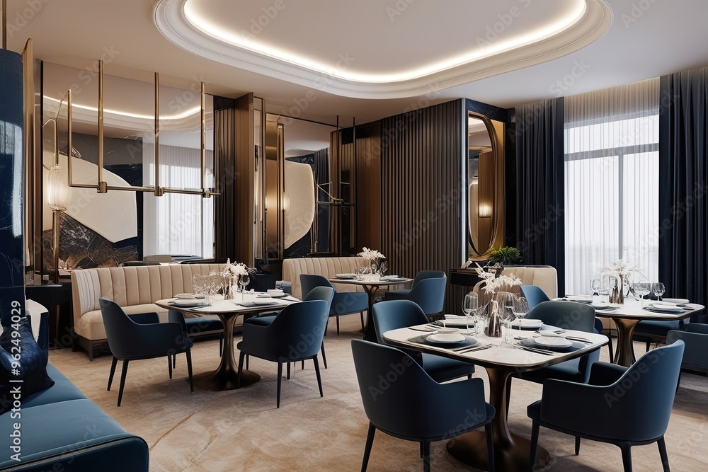 Fototapeta premium Three-Dimensional Rendering of an Elegant Dining Area with Comfortable Seating and Modern Decor