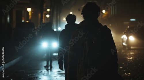 Silhouetted figures walk along a dimly lit street on a foggy night, with car headlights piercing through the mist. This atmospheric scene captures the mysterious and moody ambiance of a quiet, urban