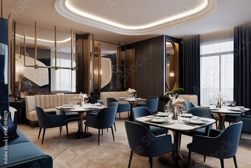 Three-Dimensional Rendering of an Elegant Dining Area with Comfortable Seating and Modern Decor