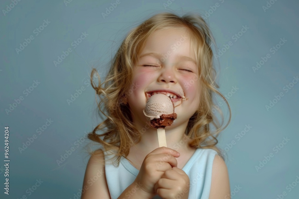 Adorable girl long silvery hair smiles gently camera. Child takes delight in every bite of ice cream. Ethereal essence of innocence allegory purity. Adorable girl long silvery hair smiles gently camera. Child takes delight in every bite of ice cream. Ethereal essence of innocence allegory purity.